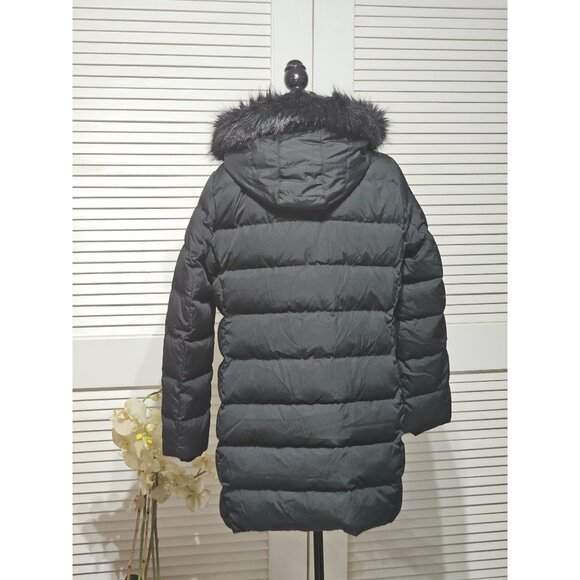 Lands End Womens Black Down Puffer Coat Faux Fur Hood 600 FP Long Coat Sz L 2889 - Picture 9 of 15